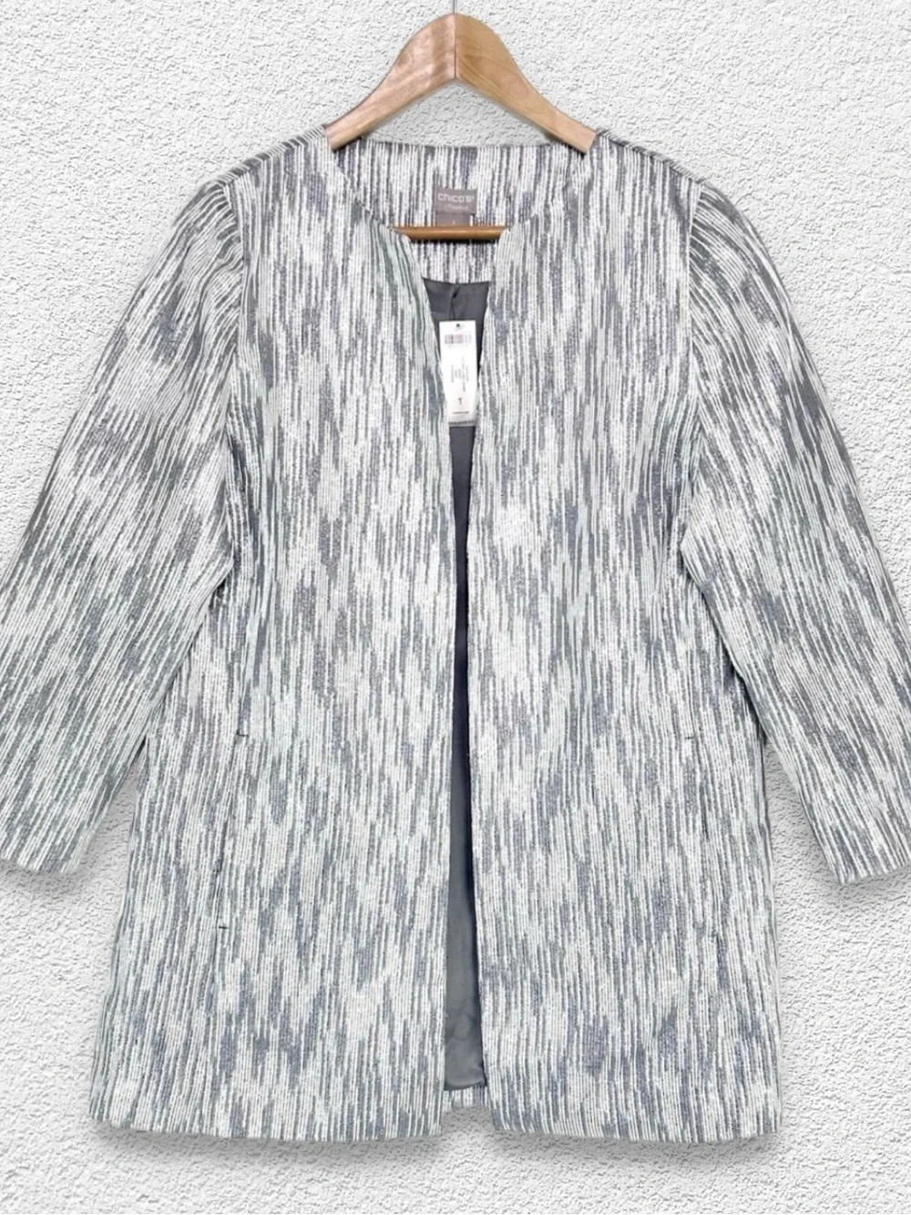 Chico's Travelers Collection Dressy Textured Lurex Jacket, Metallic Gray Silver